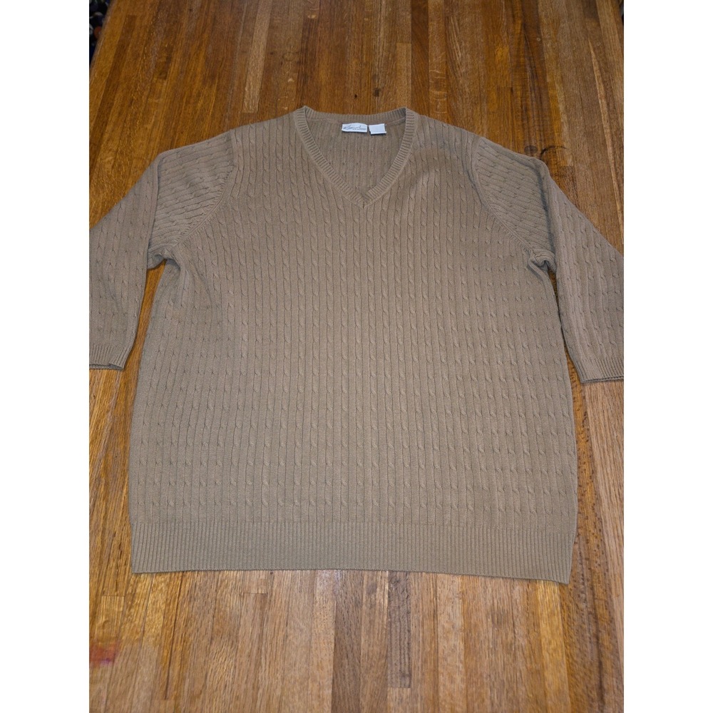 Kim Rogers Women 1X Tan V-neck 3/4 Sleeve Cable Knitted Pullover Sweater